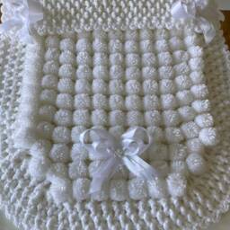 White Baby Blanket, Pom & Crochet Trim - thumbnail 3