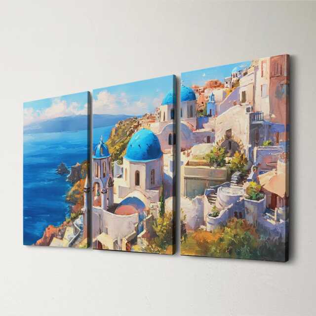 Santorini Greece Cliffside 3 Panel Split Canvas Wall Art Summers Day Summer Cityscape Oil Painting Framed Home Decor - image 1