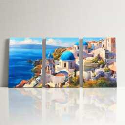 Santorini Greece Cliffside 3 Panel Split Canvas Wall Art Summers Day Summer Cityscape Oil Painting Framed Home Decor - thumbnail 3