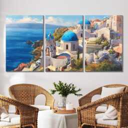 Santorini Greece Cliffside 3 Panel Split Canvas Wall Art Summers Day Summer Cityscape Oil Painting Framed Home Decor - thumbnail 2