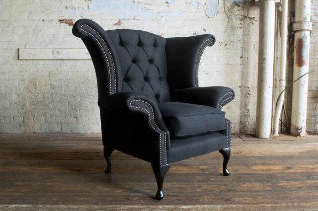 Charcoal Herringbone Wool Chesterfield Wing Chair - British Handmade Other Colours - image 1