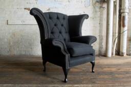 Charcoal Herringbone Wool Chesterfield Wing Chair - British Handmade Other Colours - thumbnail 1
