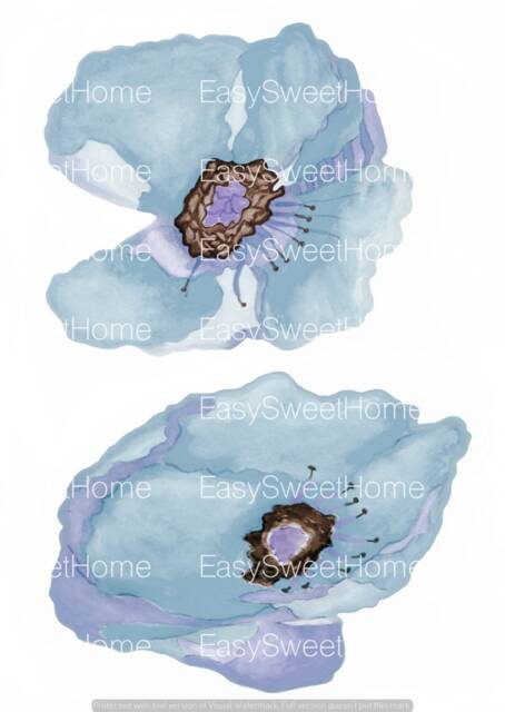 Poppy Wall Decals, Dark Sky Blue, 2-Set, Home D??cor, Watercolor Decals For Walls, Tile & Furniture, Hand-Painted - image 1