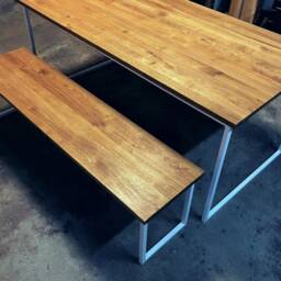 Table With Bench On A Metal Frame, Table Wooden Top, White Legs, Oiled Scandinavian Kitchen Basic Tre - thumbnail 2