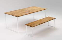 Table With Bench On A Metal Frame, Table Wooden Top, White Legs, Oiled Scandinavian Kitchen Basic Tre