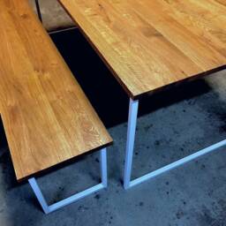 Table With Bench On A Metal Frame, Table Wooden Top, White Legs, Oiled Scandinavian Kitchen Basic Tre - thumbnail 3
