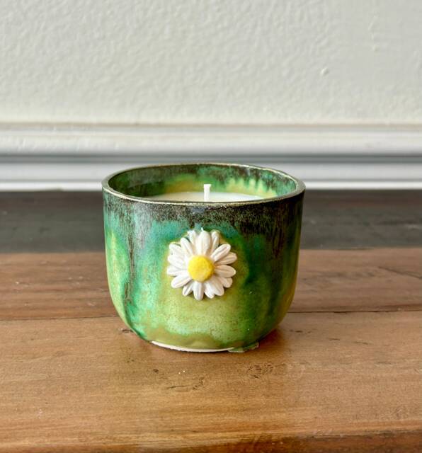 Hand-Poured 6Oz Scented Soy Candle in Handmade Ceramic Daisy Vessel - Various Scent Options