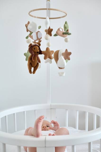 Baby Mobile Boy, Bear Baby Mobile, Bear Pilot Hot Air Balloon Moon & Star New Gift, Neutral Nursery - image 1