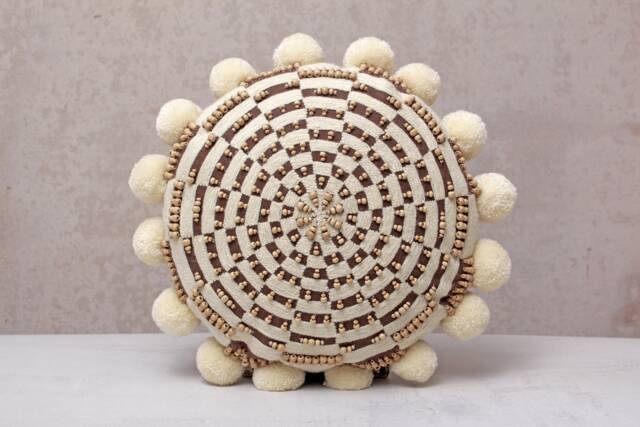 Brown Embroidered Pillow Cover, Cotton Cushion With Pom Poms, Handmade Rustic Decor - image 1