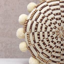 Brown Embroidered Pillow Cover, Cotton Cushion With Pom Poms, Handmade Rustic Decor - thumbnail 2