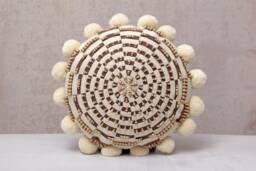 Brown Embroidered Pillow Cover, Cotton Cushion With Pom Poms, Handmade Rustic Decor - thumbnail 1