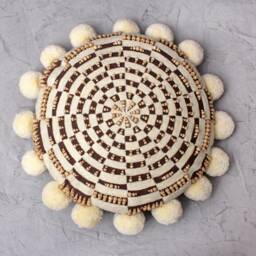 Brown Embroidered Pillow Cover, Cotton Cushion With Pom Poms, Handmade Rustic Decor - thumbnail 4