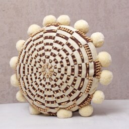 Brown Embroidered Pillow Cover, Cotton Cushion With Pom Poms, Handmade Rustic Decor - thumbnail 3