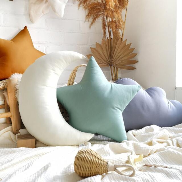 Moon Pillow, Cloud Star Pillow, Custom Color Celestial Nursery Decor, Crescent Moon Mustard Yellow Throw Pillow - image 1