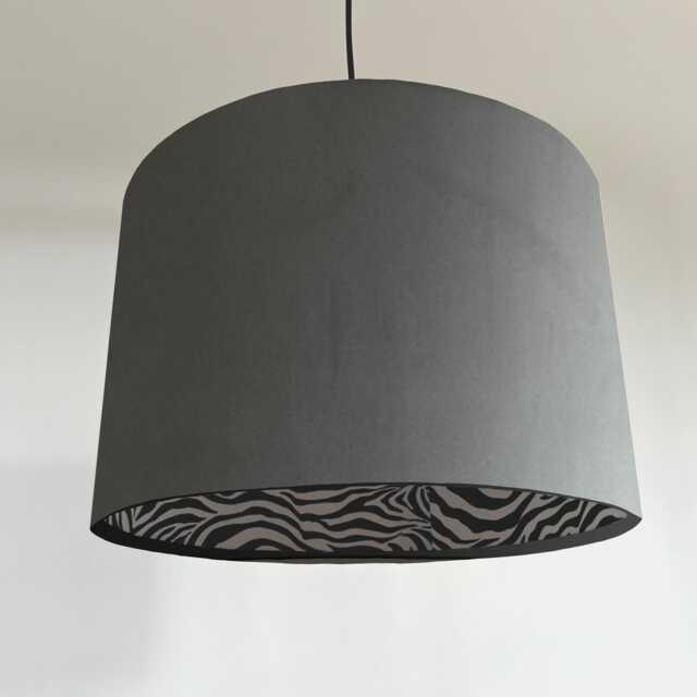 Grey Velvet Drum Lampshade, Double Sided Lampshade With Zebra Print Cotton Interior, Ceiling Light Shade - image 1
