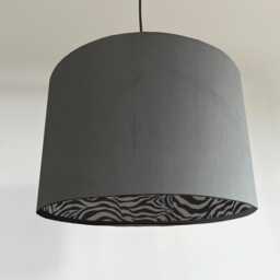 Grey Velvet Drum Lampshade, Double Sided Lampshade With Zebra Print Cotton Interior, Ceiling Light Shade - thumbnail 1