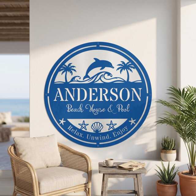 Custom Poolside Oasis Metal Wall Art, Personalized Family Name Sign, Tropical Patio Decor - image 1