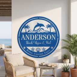 Custom Poolside Oasis Metal Wall Art, Personalized Family Name Sign, Tropical Patio Decor - thumbnail 1