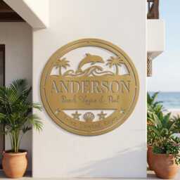 Custom Poolside Oasis Metal Wall Art, Personalized Family Name Sign, Tropical Patio Decor - thumbnail 3