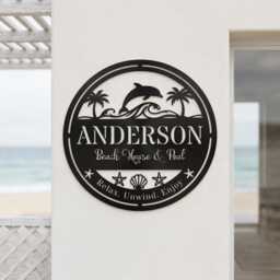 Custom Poolside Oasis Metal Wall Art, Personalized Family Name Sign, Tropical Patio Decor - thumbnail 2
