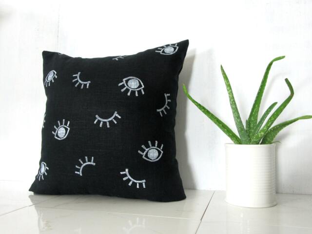 Black Linen White Eye Print Pillow Cover/Block Printed Decorative Throw Cushion Neutral Abstract Minimalist Various Sizes Bedding Accent - image 1