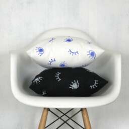 Black Linen White Eye Print Pillow Cover/Block Printed Decorative Throw Cushion Neutral Abstract Minimalist Various Sizes Bedding Accent - thumbnail 2