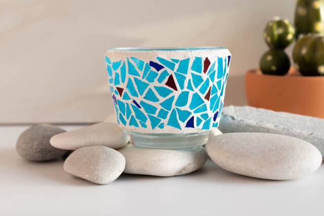 Blue Mosaic Glass Candle Holder Stained Votive - image 1
