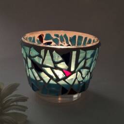 Blue Mosaic Glass Candle Holder Stained Votive - thumbnail 2