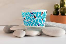 Blue Mosaic Glass Candle Holder Stained Votive - thumbnail 1
