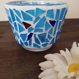 Blue Mosaic Glass Candle Holder Stained Votive - thumbnail 3