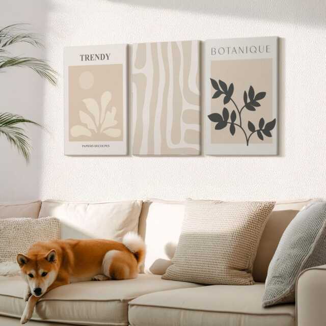 Canvas Set Of 3 Wall Art - Stylish Plant Patterns in Shades Beige & Black, Photo Print, Plants Flowers Decor - image 1