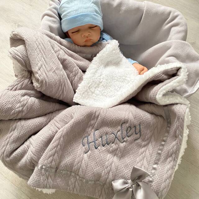 Personalised Baby Blanket Knitted Grey Bow Detail Sherpa Reverse Boy Girl Gift New Baby - image 1