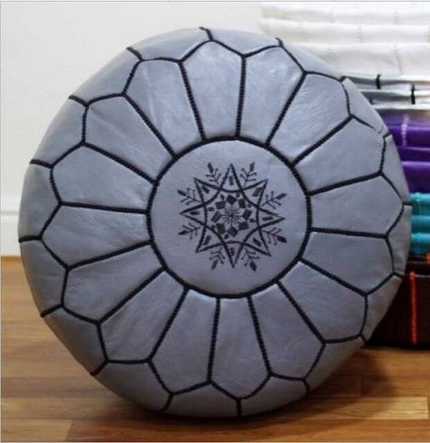 Premium Genuine Leather Moroccan Pouf Pouffe - Grey/Onyx