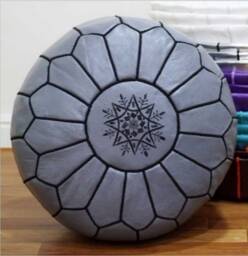 Premium Genuine Leather Moroccan Pouf Pouffe - Grey/Onyx