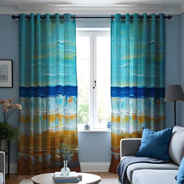 Ocean Sunset Beach Curtains, Coastal Landscape Window Panels, Custom Heading & Size Drapes With Abstract Sea Print For Nautical Decor - image 1