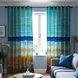 Ocean Sunset Beach Curtains, Coastal Landscape Window Panels, Custom Heading & Size Drapes With Abstract Sea Print For Nautical Decor - thumbnail 1