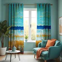 Ocean Sunset Beach Curtains, Coastal Landscape Window Panels, Custom Heading & Size Drapes With Abstract Sea Print For Nautical Decor - thumbnail 2