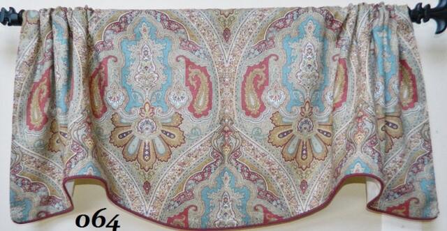 P. Kaufmann-Lyric Patina-Teal Blue Red Paisley Window Valance Corded Lined Rod Pocket Scalloped Linen Fabric Made To Order - image 1