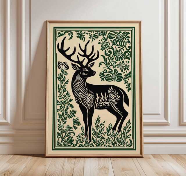 Deer Poster, Woodland Animal Print, Botanical Nature Wall Art, Rustic Forest Home Decor - image 1