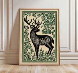 Deer Poster, Woodland Animal Print, Botanical Nature Wall Art, Rustic Forest Home Decor - thumbnail 1