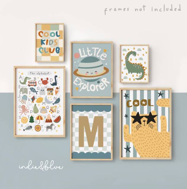 Personalised Set Of 6 Gallery Wall Prints in Bright Colours, Toddler Bedroom & Playroom Decor, Neutral Kids Room Art - image 1