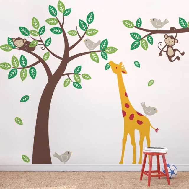 Monkey, Giraffe, & Birds Tree Wall Decal Kids Nursery Decor - image 1