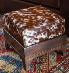 Handmade Cowhide Ottoman, Walnut Wood Stool, Rustic Home Decor