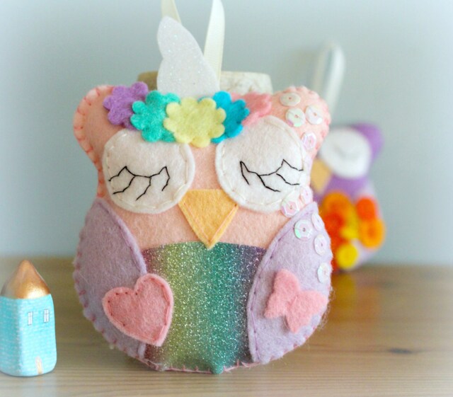 Felt Unicorn Owl Hanging Decoration Fantasy Nursery Decor - image 1