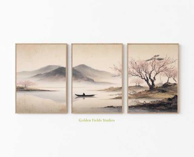 Japanese Cherry Blossom Wall Art Set Zen Asian Landscape Triptych - image 1