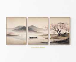 Japanese Cherry Blossom Wall Art Set Zen Asian Landscape Triptych - thumbnail 1
