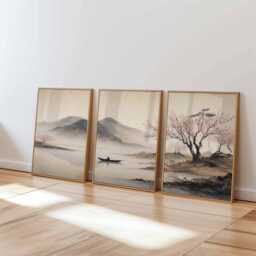 Japanese Cherry Blossom Wall Art Set Zen Asian Landscape Triptych - thumbnail 2