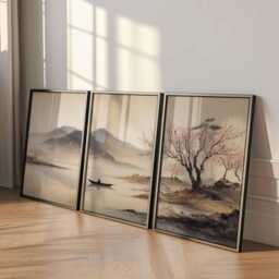 Japanese Cherry Blossom Wall Art Set Zen Asian Landscape Triptych - thumbnail 3