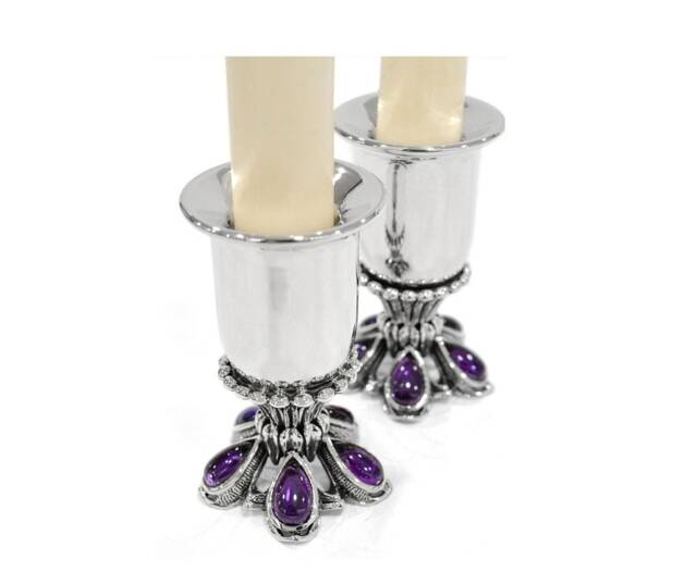 Floral Extraordinary Candlestick Holders Made Of Sterling Silver & Amethyst Stones - Modern Judaica Elegant Wedding Gift - image 1