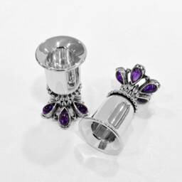 Floral Extraordinary Candlestick Holders Made Of Sterling Silver & Amethyst Stones - Modern Judaica Elegant Wedding Gift - thumbnail 3